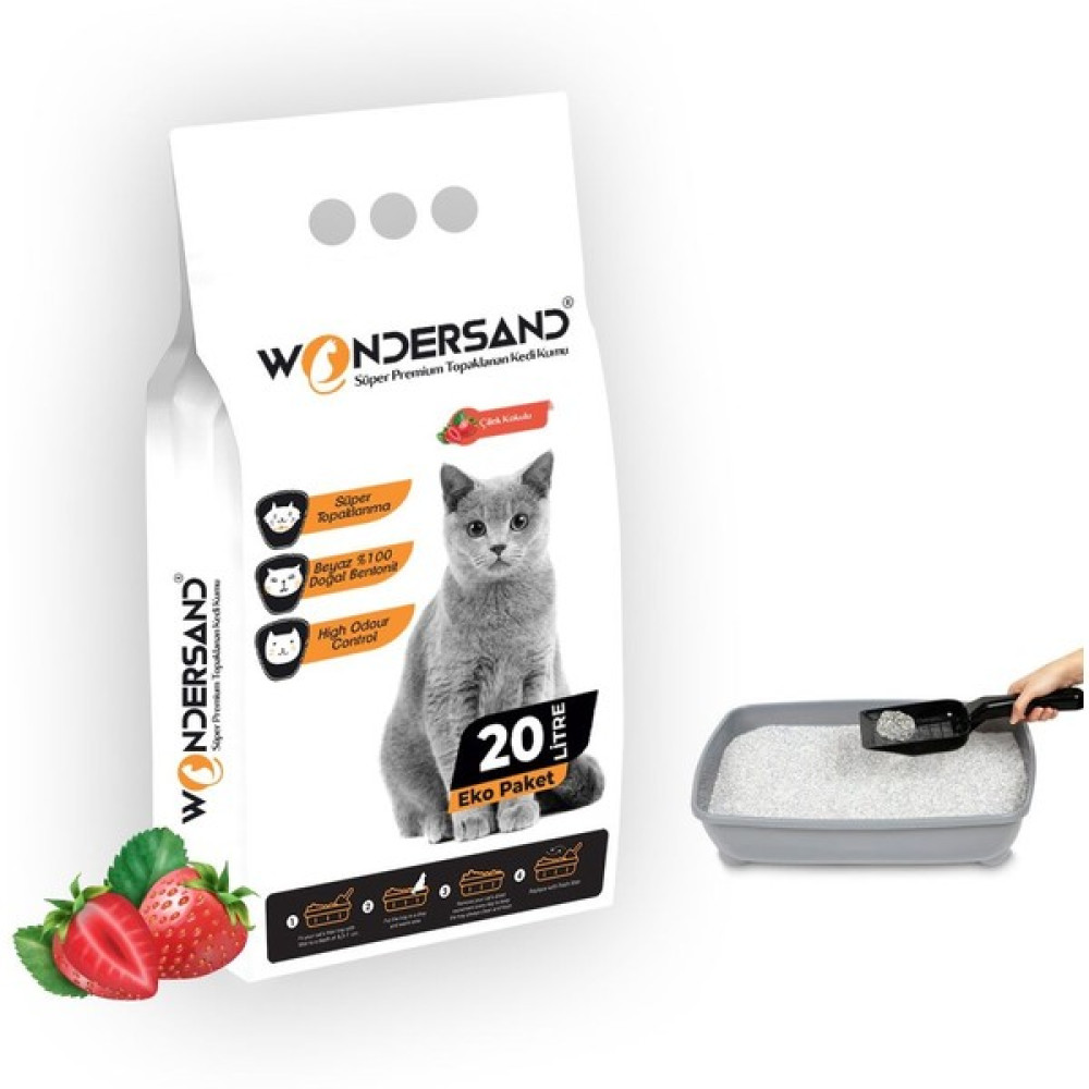 Wondersand 20 Lt Beyaz Bentonit Ince Tane Çilek Kokulu Süper Topaklanan Premium Kedi Kumu Evcil Hayvan Ürünleri Fiyatı