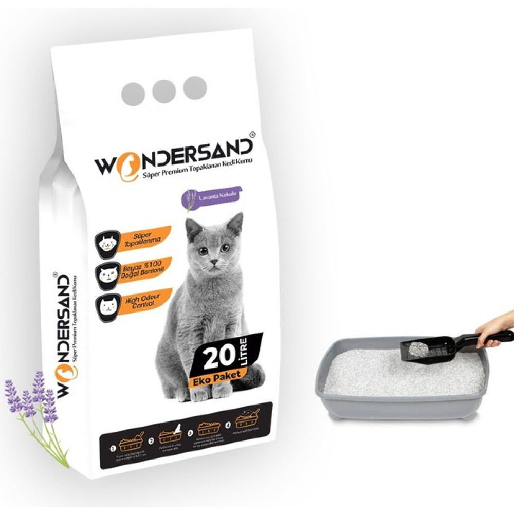 Wondersand 20 Lt Beyaz Bentonit İnce Tane Lavanta Kokulu Süper Topaklanan Premium Kedi Kumu Evcil Hayvan Ürünleri Fiyatı