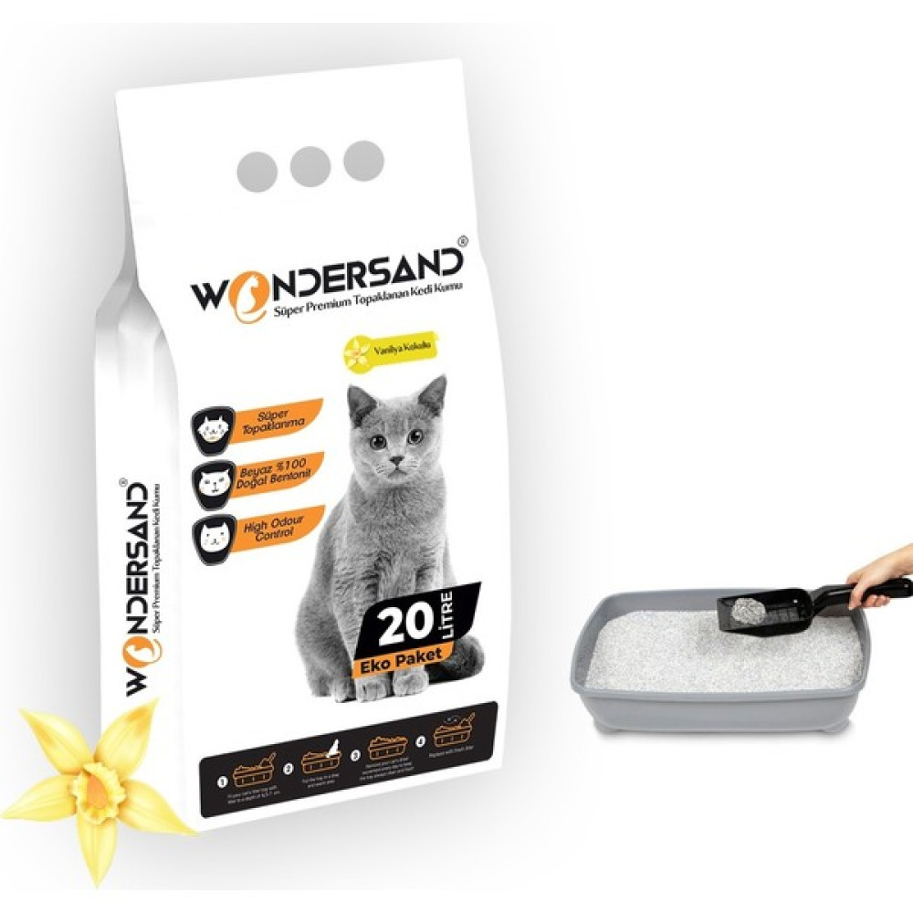 Wondersand 20 Lt Beyaz Bentonit Ince Tane Vanilya Kokulu Süper Topaklanan Premium Kedi Kumu Evcil Hayvan Ürünleri Fiyatı