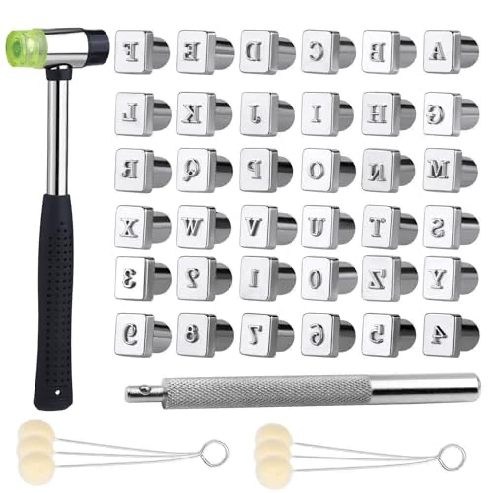 WONVOC 36 PCS Leather Stamping Tools, 6mm Letter Number Leather Stamping Kit, Leather Carving Kit, with 6 Wool Daubers Ball Brush for DIY Leather Crafts