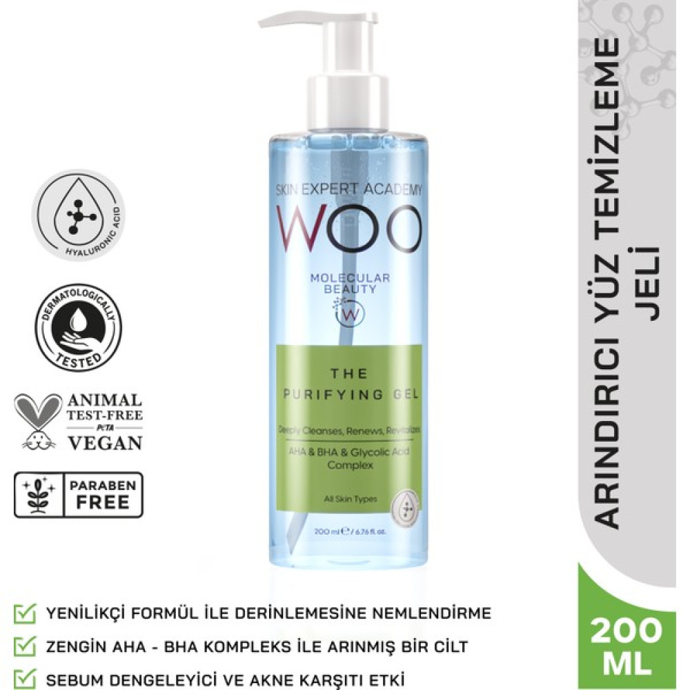 Woo Skin Expert Academy Arındırıcı, Sıkılaştırıcı, Güneş & Sivilce Leke Açma Etkili ve Canlandırıcı Yüz Temizleme Jeli 200ml (AHA+BHA ve Hyaluroni... Cilt Temizleme ve Peeling Fiyatı