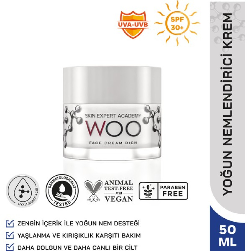 Woo Skin Expert Academy Face Cream Rich; Yoğun Nemlendirici, Besleyici, Canlandırıcı Zengin İçerik & SPF 30 UVA-UVB Güneş Korumalı Yüz Kremi 50ml T... Nemlendiriciler Fiyatı