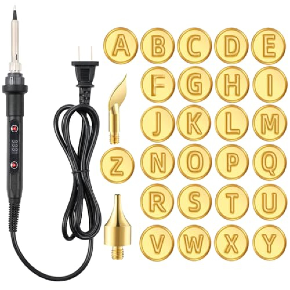 Wood Burning Carving Tools with Letter Stamps, 26 Letters Copper Mold DIY Wood Burning Carving Set, Adjustable Temperature Soldering Iron, for DIY Wood Burning Embossing Pyrography Carving