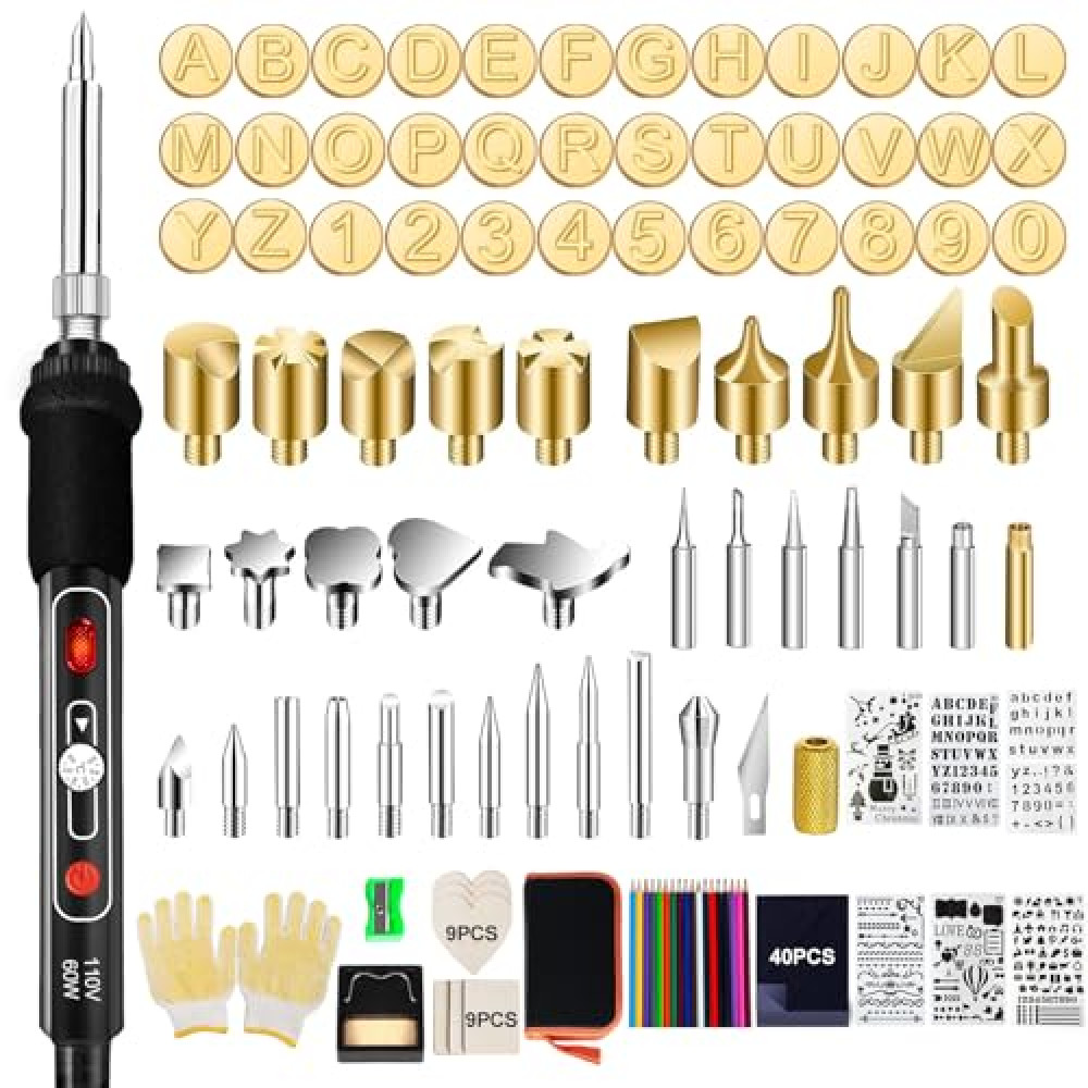 Wood Burning Kit, 163 Pcs Wood Burner Tool Kit with letters and numbers, Pyrography Pen with Adjustable Temperature Control Various Tips Stencils, Woodworking Leather Embossing Carving Soldering