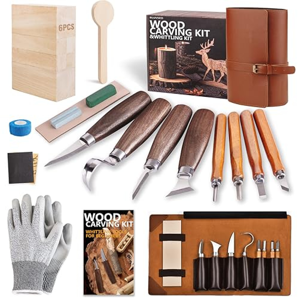 Wood Carving Kit Whittling Kit: Deluxe Wood Carving Tools Set with Leather Case Wood Carving Knife - Woodworking Widdle Gift with Basswood Blocks Hobby for Beginners Adults Kids