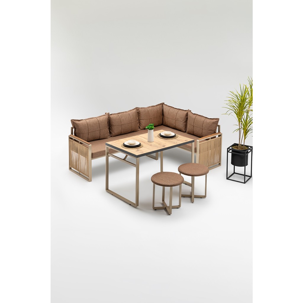 Wood House Monisa (Masa ve Puflu) Köşe Takımı Kahve-Kahve (Balkon-Bahçe-Mutfak) - Kahve Koltuk Takımı / Seti Fiyatı