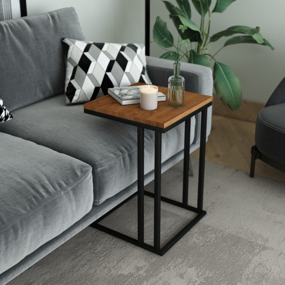 Wood Work Antalya Teak Renk Masif Ağaç Tablalı 1,5 mm Metal Gövdeli Çok Amaçlı Koltuğa Geçmeli C Yan Sehpa Yan Sehpa Fiyatı