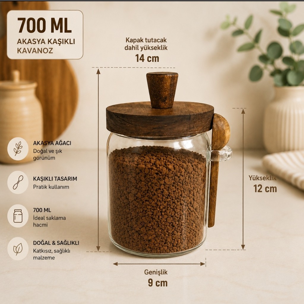 WoodBay 2 Adet Akasya Kapaklı Kaşıklı Cam Kavanoz 700 ml Baharat Kahve Şeker Saklama Kavanozu 12X9 cm Tuz, Şeker, Baharat Fiyatı