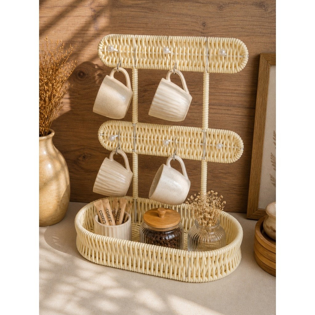 WoodBay Hasır Askılı Rattan Görünümlü Plastik Fincan Organizer|dekoratif Kahve Fincan Düzenleyici Sepetli Çift Askı - Bej Fincan / Bardak / Kahve Takımı Fiyatı