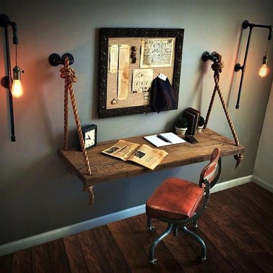 Woodesk 100x40 cm Ceviz Renk Masif Ağaç Halatlı Çalışma Masası