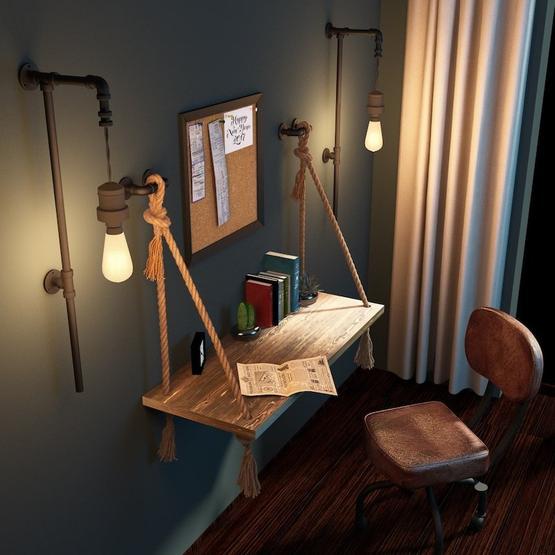 Woodesk 100x40 cm Ceviz Renk Masif Ağaç Halatlı Çalışma Masası