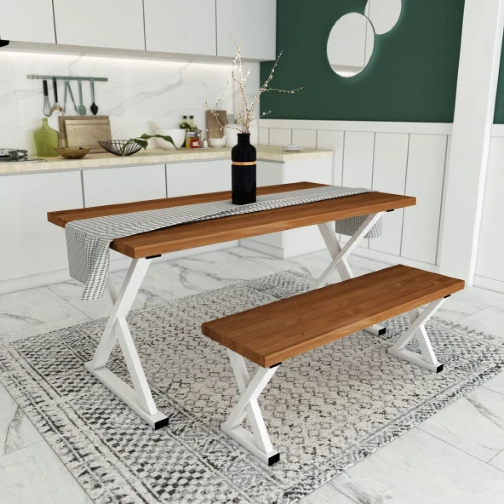 Woodesk Cinar Masif Tik Renk 140X70 Bankli Yemek Masasi Cpt7610-140 Yemek & Mutfak Masası Fiyatı