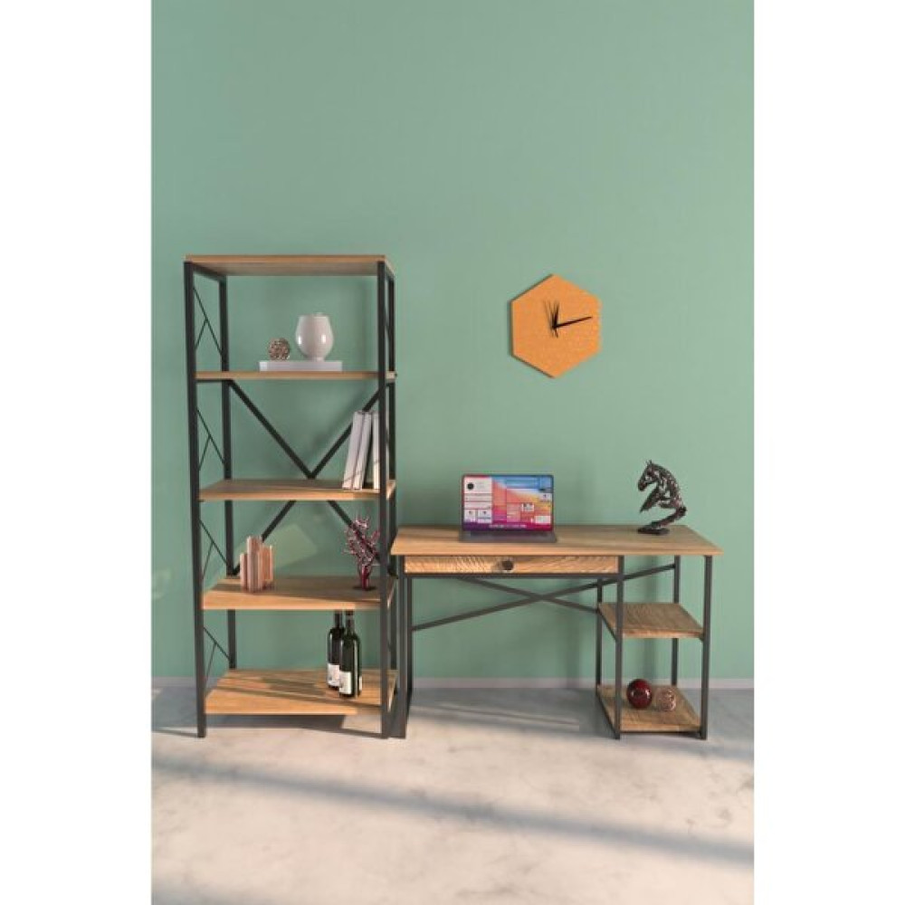 Woodhub 60 cm Ceviz 5 Raflı Kitaplık ve 2 Raflı Çalışma Masası Takımı Ders Ofis Laptop Masası ve Kitaplık S - 0 - Kahverengi Çalışma Masası Fiyatı