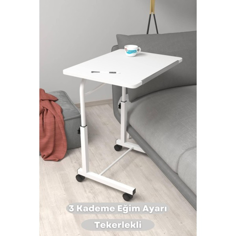 Woodhub Beyaz Eğim Yükseklik Ayarlı Laptop Sehpası Kahvaltı Ders Çalışma Bilgisayar Masası Metal Ayak Teker - 0 Çalışma Masası Fiyatı