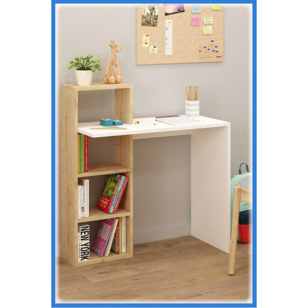 Woodhub Modern Darel Kitaplıklı Çalışma Masası, Safir Meşe Raflı Beyaz Bilgisayar Masası, Ofis Ders Laptop - 0 - Sarı Çalışma Masası Fiyatı