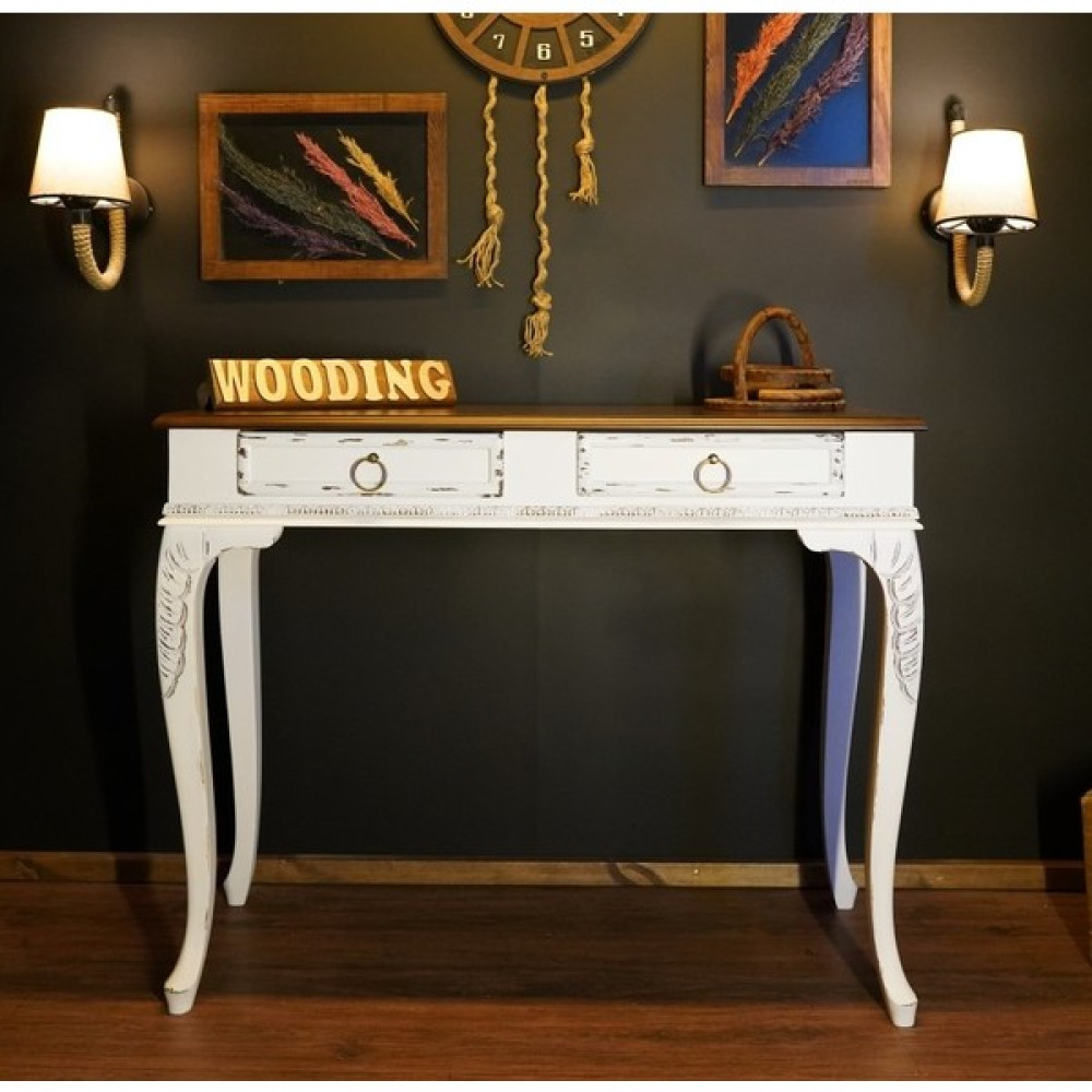 Wooding 100 cm Masif Ceviz Beyaz Oymalı Dresuar - Beyaz - Ceviz Dresuar / Makyaj Masası Fiyatı