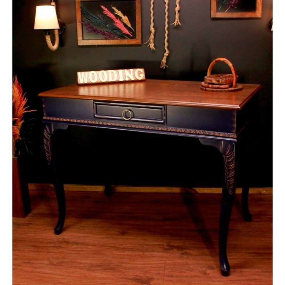 Wooding 100 cm Masif Ceviz Lacivert Oymalı Çalışma Masası - 100x60 Cm - Lacivert - Ceviz Çalışma Masası Fiyatı