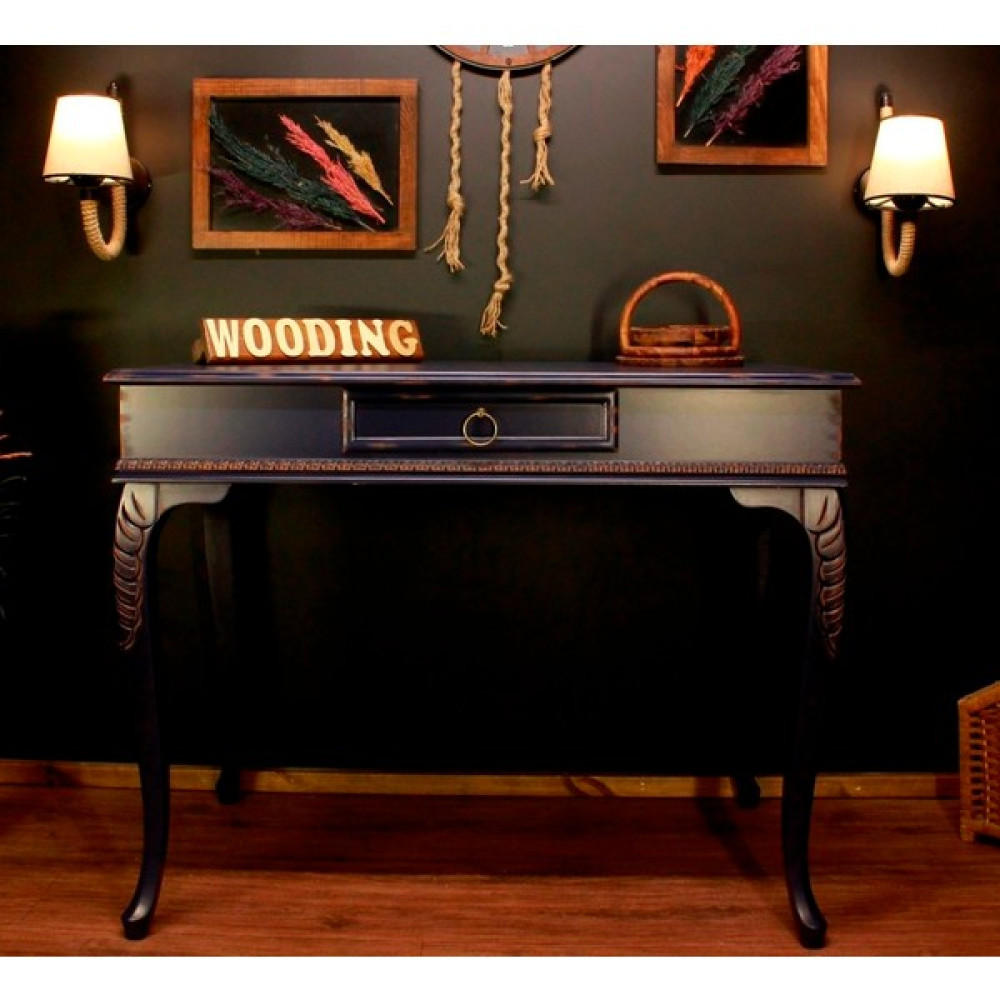 Wooding 110 cm Masif Eskitme Lacivert Oymalı Çalışma Masası - 110 x 70 cm Çalışma Masası Fiyatı