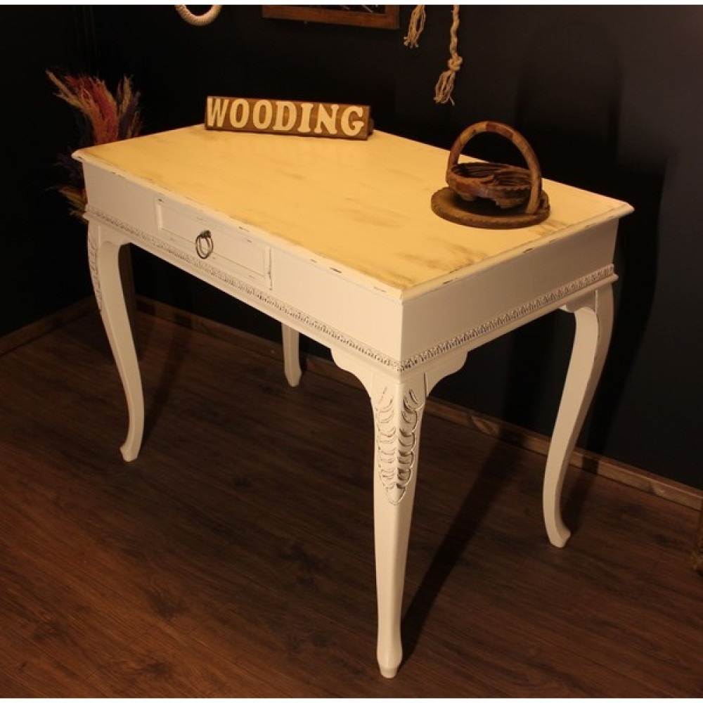 Wooding 120 cm Masif Eskitme Krem Oymalı Çalışma Masası - 120 x 80 cm Çalışma Masası Fiyatı