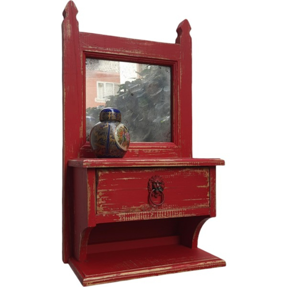 Woodshop Türkiye Eskitme Aynalı Dolap, Rustik Çekmeceli Ayna Çerçevesi, Retro Dresuar, Ahşap Vintage Duvar Dekoru - Kırmızı Dresuar / Makyaj Masası Fiyatı