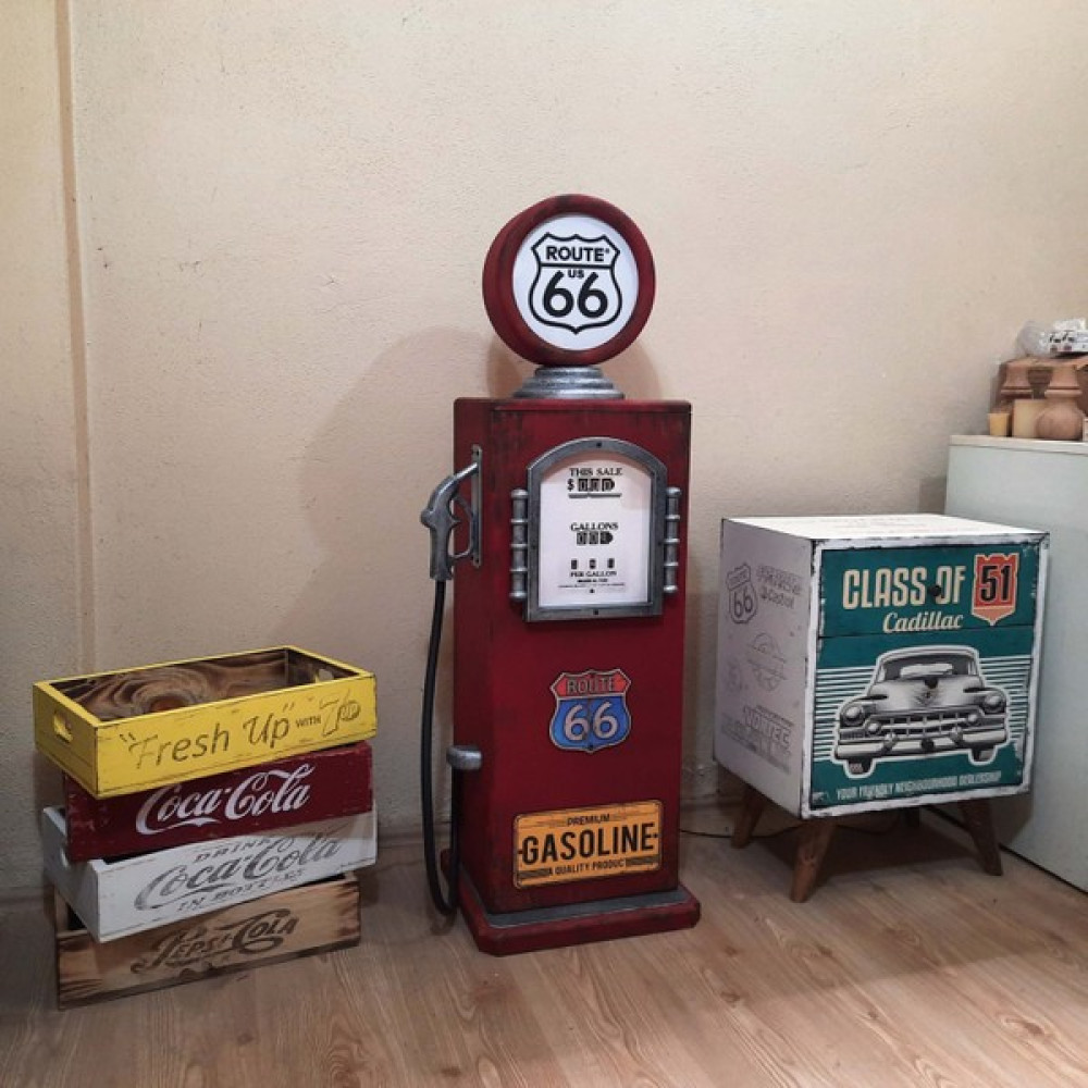Woodshop Türkiye Route 66 Vintage & Retro Tarzı Benzin Pompası Dolabı, Endüstriyel Mobilya, Köşe Aydınlatma, Lambader, Çok Amaçlı Dolap Gardrop & Dolap Fiyatı