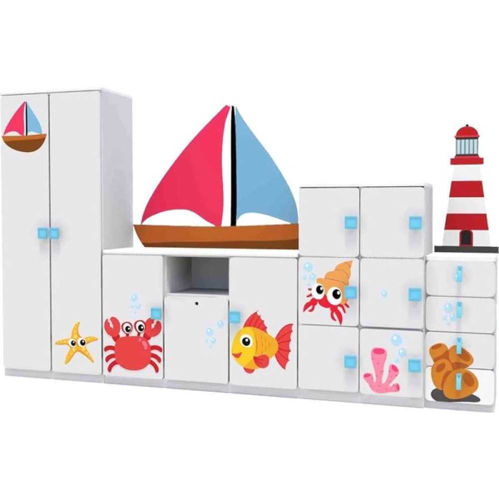 Woody Life Deniz Temalı Çocuk Odası Anaokulu Kreş Dolap Seti - Beyaz Gardrop & Dolap Fiyatı
