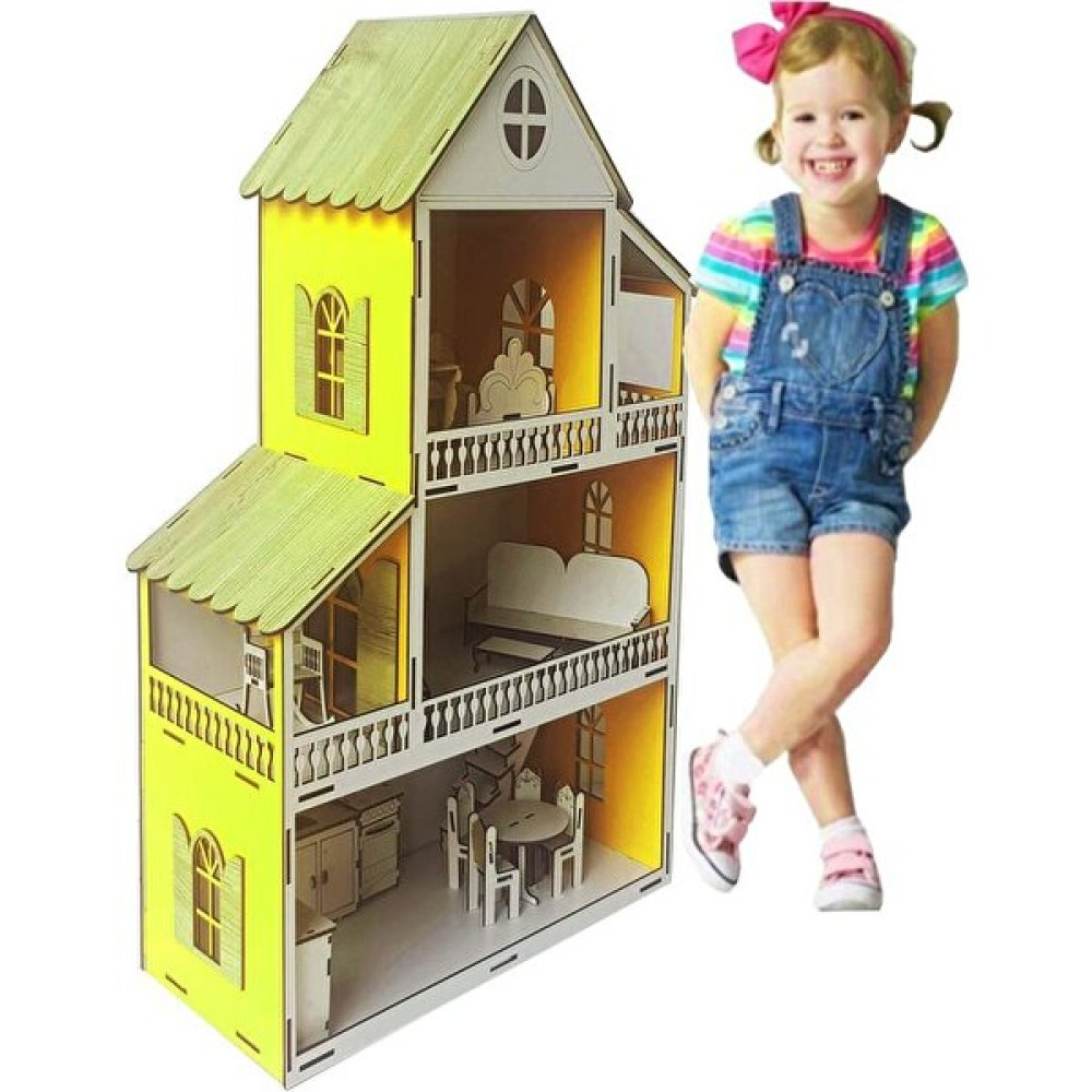 Woody Life Woodylife Sarı Ev Çocuk Evcilik Oyuncak Montessori Barbi Ev 80CM Bebek Oyuncakları Fiyatı