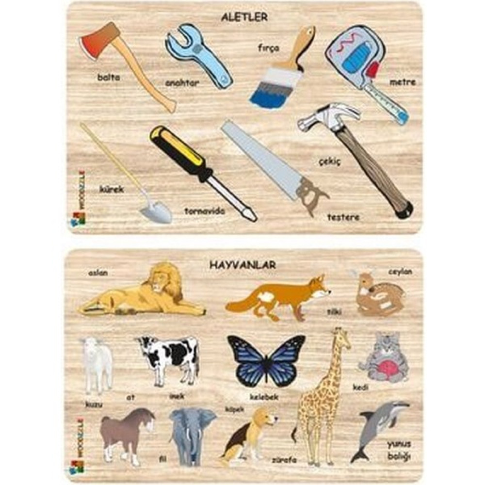 Woodzzle 2'li Set Ahşap Eğitici Öğretici Yapboz Hayvanlar-Aletler Eğitici Puzzle Oto Boyaları Fiyatı