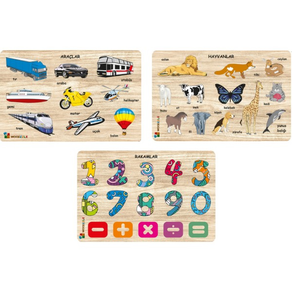 Woodzzle 3'lü Süper Set Ahşap Eğitici Öğretici Yapboz Bulmaca Hayvanlar- Sayılar -Araçlar Bultak Ahşap Puzzle Bebek Oyuncakları Fiyatı