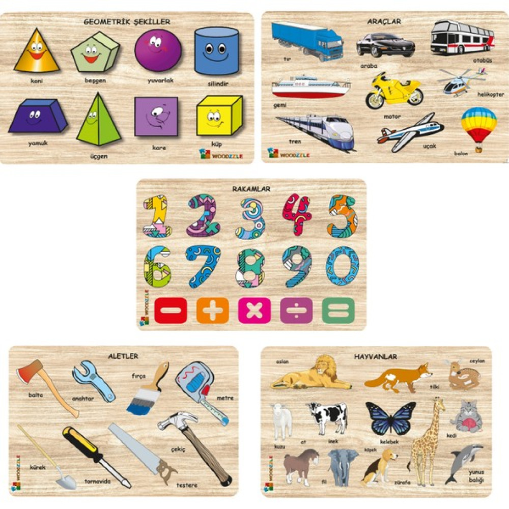 Woodzzle 5'li Set Ahşap Eğitici Öğretici Yapboz Sebzeler Meyveler Geometri Hayvanlar Aletler Bultak Puzzle Bebek Oyuncakları Fiyatı