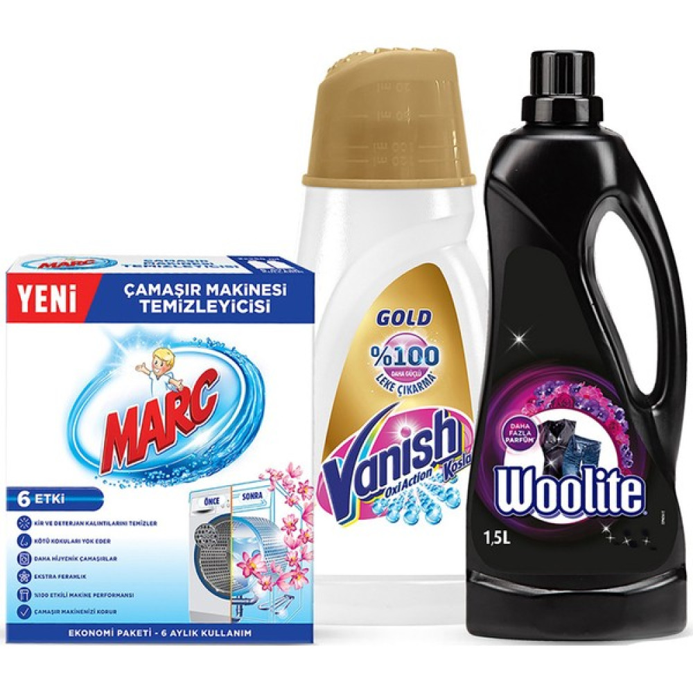 Woolite Çamaşır Deterjanı Koyu Renkler 1500 ml + Vanish Kosla Leke Çıkarıcı Gold 1000 ml + Marc Makine Temizleyici 2x250 ml - 1 lt Diğer Fiyatı