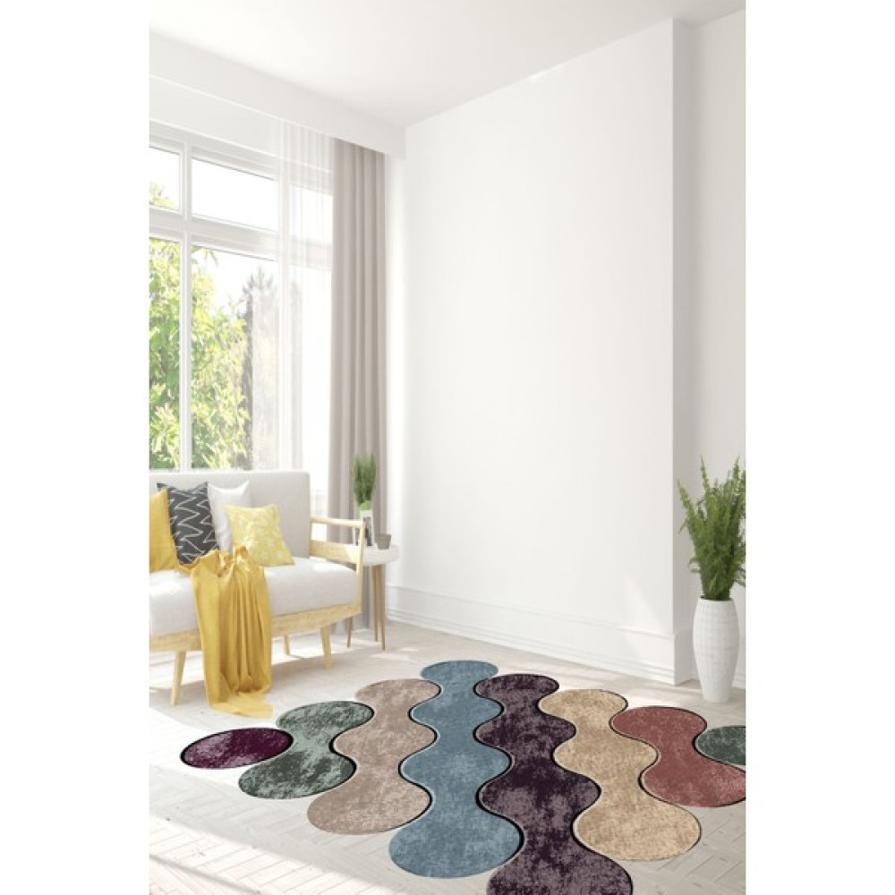 WOOLLY Halı Bulut Desenli Yeşil-Koyu Pudra-Mavi Lazer Kesim Halı (Makinada Yıkanabilir Kaymaz Dot Taban) -WL342 - 80 x 80 cm - Renkli Salon Halısı Fiyatı