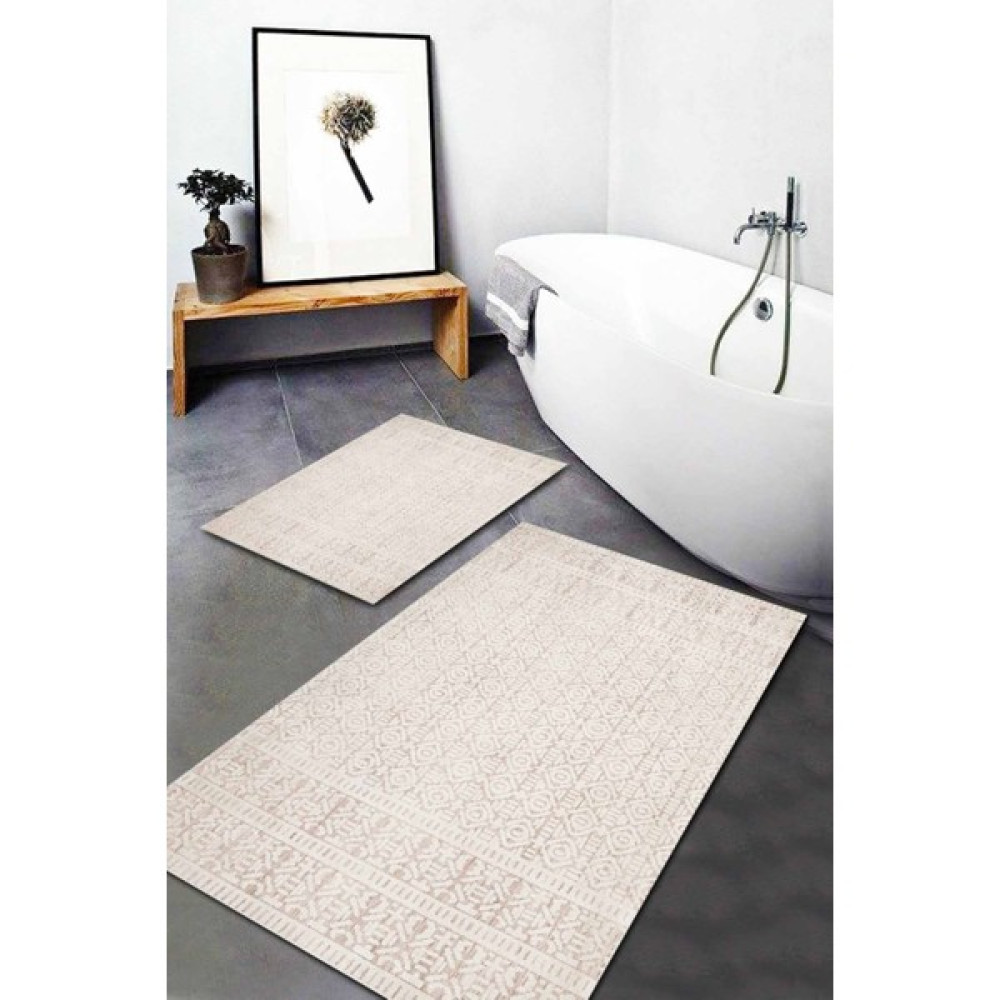 Woolly Halı Krem Etnik Desenli 2'li Halı Takımı (60X100/40X60) - WL1339 - Renkli Klozet Takımı Fiyatı