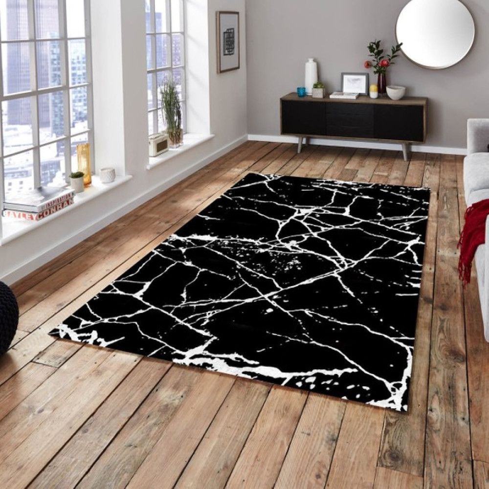 Woolly Halı Mermer Desenli Halı (Zemin Siyah Motif Beyaz) - 150 x 180 cm Salon Halısı Fiyatı