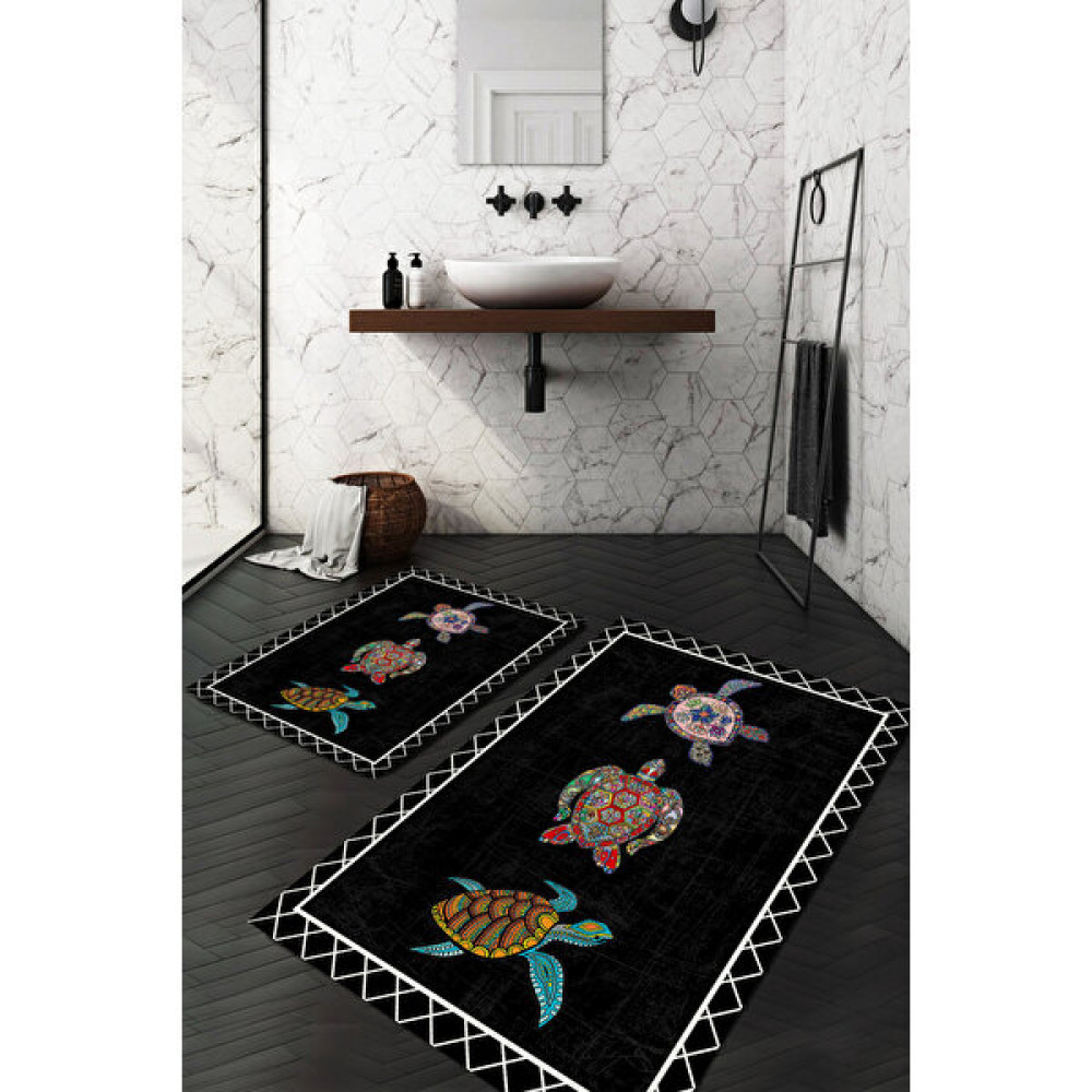 Woolly Halı Renkli Kaplumbağa Desenli 2'li Halı Takımı 40 x 60 cm - 60 x 100 cm - WL389 Klozet Takımı Fiyatı