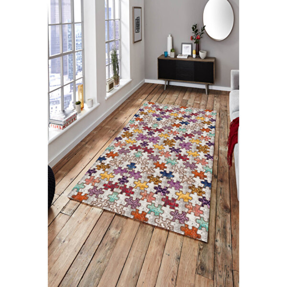 Woolly Halı Woolly Dijital Baskılı Makinada Yıkanabilir Renkli Yapboz Desenli Halı - ES259 - 80 x 140 cm Salon Halısı Fiyatı