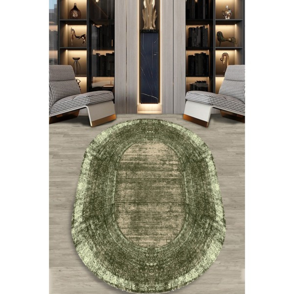 Woolly Halı Woolly Yeşil Eskitme Desenli Oval Halı (Makinada Yıkanabilir Kaymaz Dot Taban) - ES1235-2 - 160 x 230 cm - Renkli Salon Halısı Fiyatı