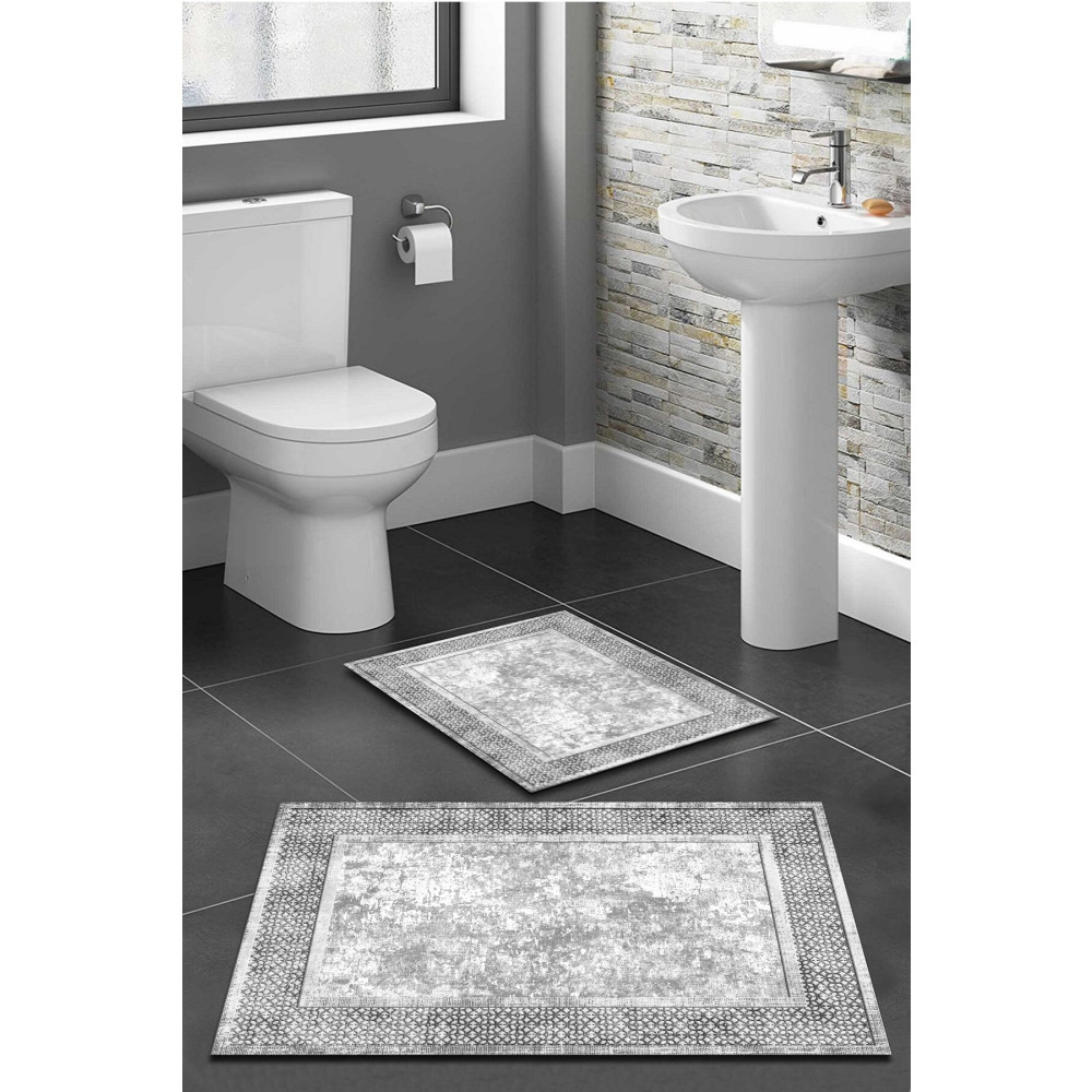 WOOLLY HOME COLLECTİON Etnik Desenli Gri 2li Halı Takımı (60x100/40x60) - Wlly1146 Banyo Tekstili Fiyatı
