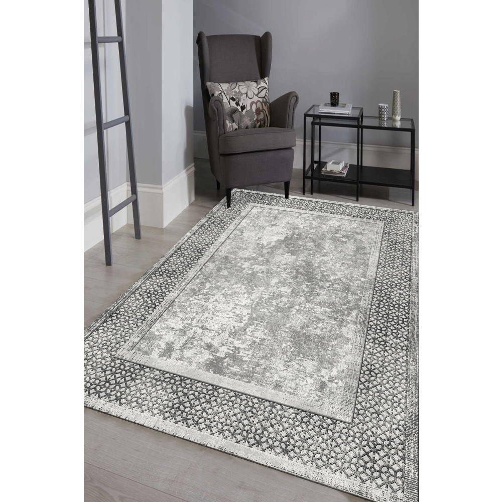 WOOLLY HOME COLLECTİON Etnik Desenli Gri Halı (makinada Yıkanabilir Kaymaz Dot Taban) - Wlly1146 100 x 450 Beden Kilim Fiyatı