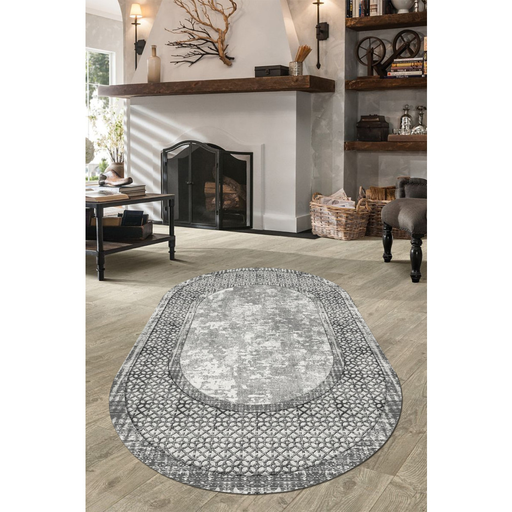 WOOLLY HOME COLLECTİON Etnik Desenli Gri Oval Halı (makinada Yıkanabilir Kaymaz Dot Taban) - Wlly1146 100 x 450 Beden Kilim Fiyatı