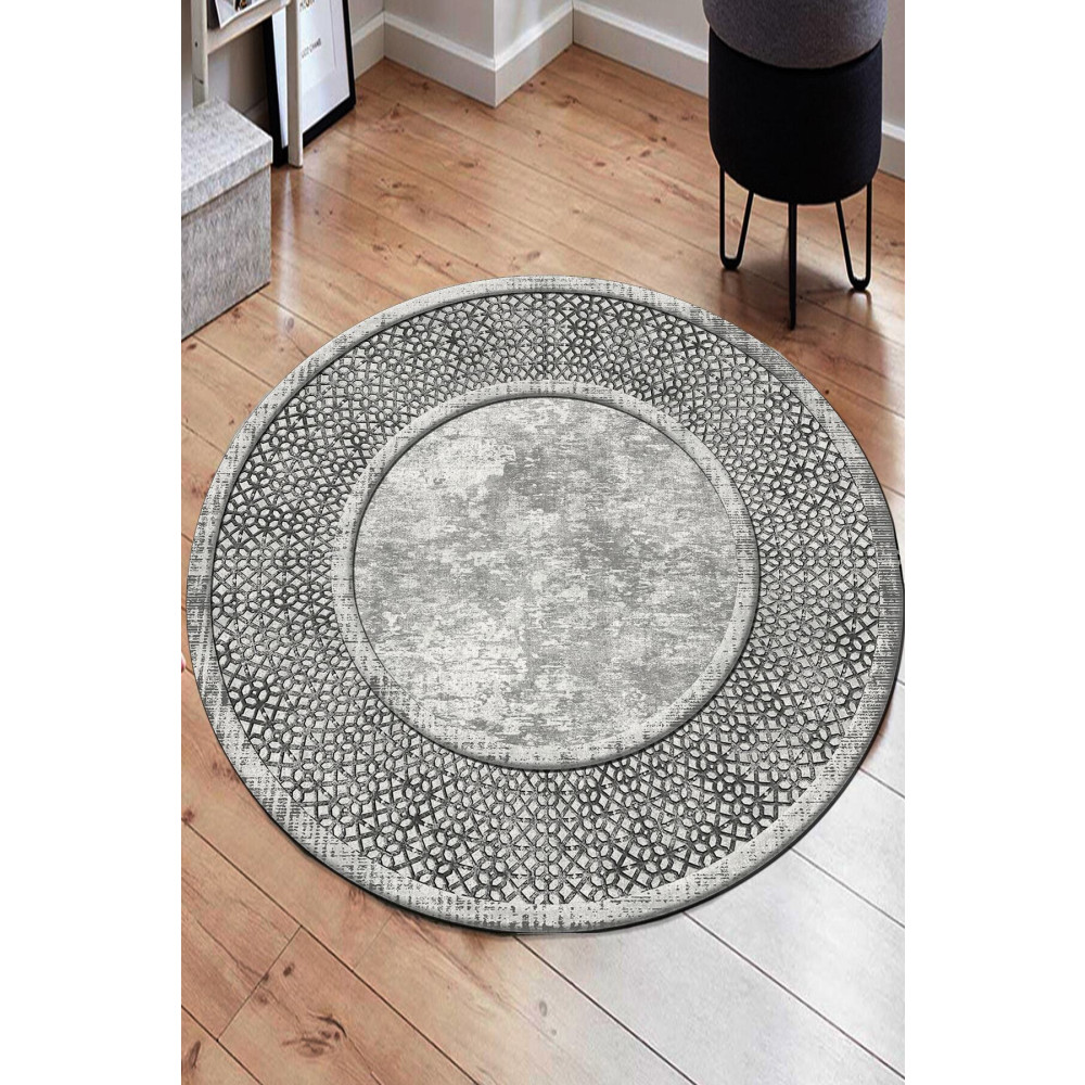 WOOLLY HOME COLLECTİON Etnik Desenli Gri Yuvarlak Halı (makinada Yıkanabilir Kaymaz Dot Taban) - Wlly1146 140 x 140 Beden Kilim Fiyatı