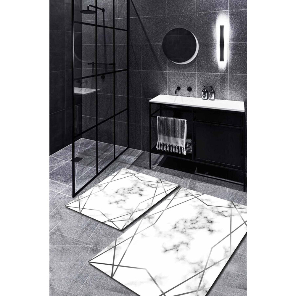 WOOLLY HOME COLLECTİON Gümüş Dama Çizgili Mermer Desenli 2li Takımı (60x100/40x60) - Wlly201 Banyo Tekstili Fiyatı