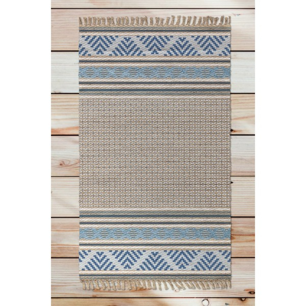 Woopsh Alaçatı 61 Mavi Bej Iskandinav Desen Otantik Motif Kara Tezgah Halı Çift Taraflı Kilim - Kahverengi - 80 x 200 cm Kilim Fiyatı