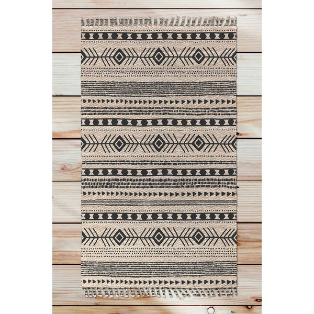 Woopsh Alaçatı 68 Siyah Bej Iskandinav Kilim Desen Otantik Kara Tezgah Halı Çift Taraflı Kilim - 80 x 200 cm Kilim Fiyatı