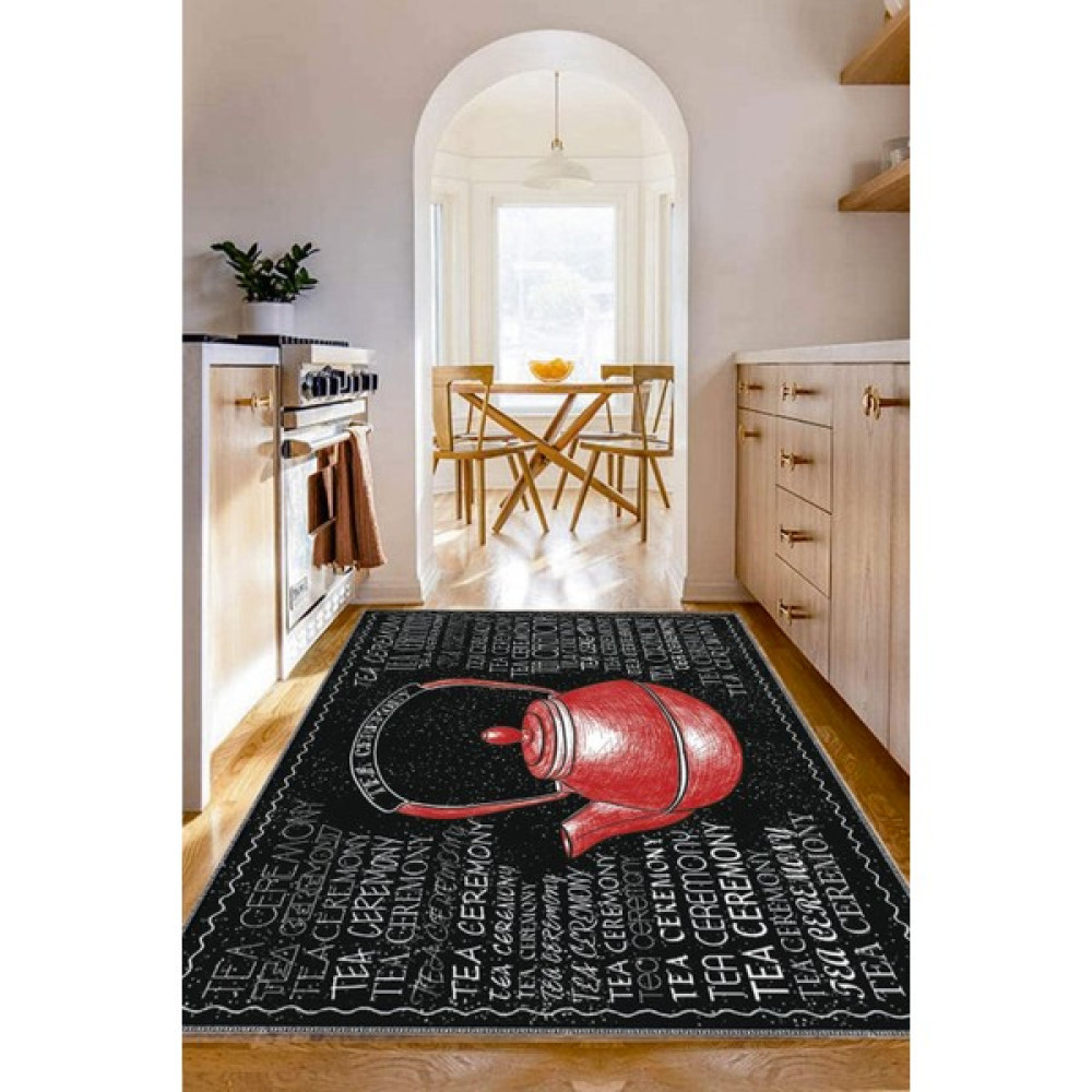 Woopsh Kırmızı Siyah Çaydanlık Desenli Yıkanabilir Kaymaz Keçe Taban Mutfak Halısı KITCHEN-7044 - 120 x 175 cm - Renkli Salon Halısı Fiyatı