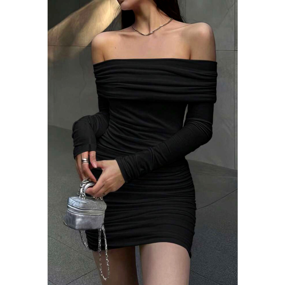 World Fashion Trends Madonna Yaka Büzgülü Bodycon Uzun Kollu Elbise XL Beden Elbise Fiyatı