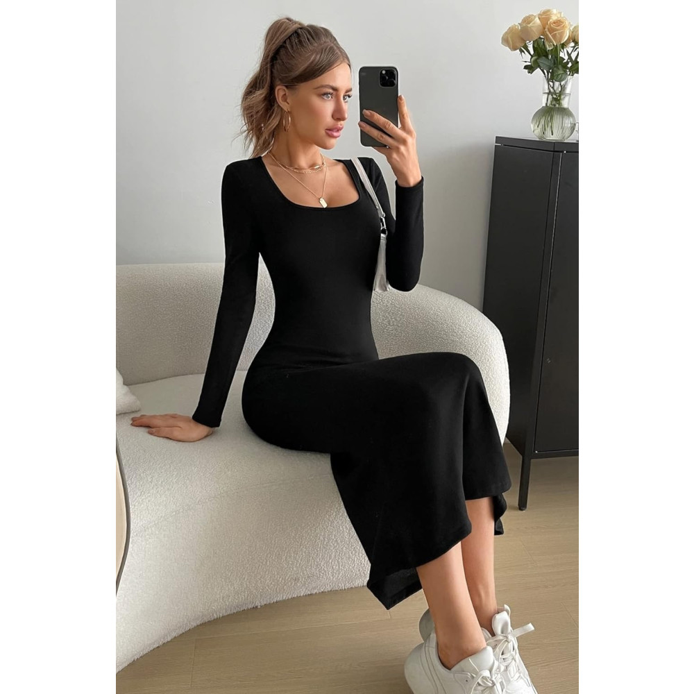 World Fashion Trends Siyah Kare Yaka Uzun Kollu Esnek Uzun Elbise XL Beden Elbise Fiyatı