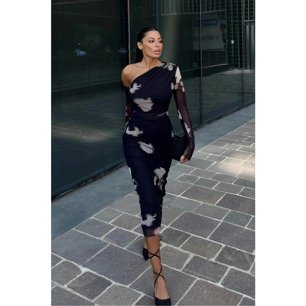 World Fashion Trends Siyah Tek Omuz Colorful Astarlı Esnek Tül Elbise XS Beden Elbise Fiyatı