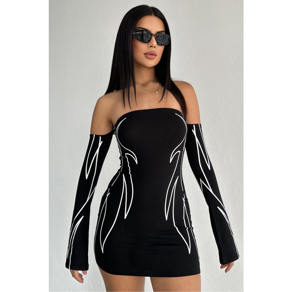 World Fashion Trends Wft2462 Desenli Omuzları Açık Siyah Beyaz Elbise M Beden Elbise Fiyatı