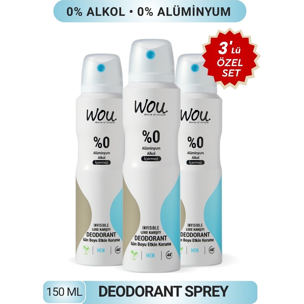 WOU World of Unique Erkek Deodorant Sprey ,pudrasız,48 Saat Etkin Koruma,vegan,alkol İÇERMEZ,150ML.3 Adet Özel Set - 150 ml Diğer Fiyatı